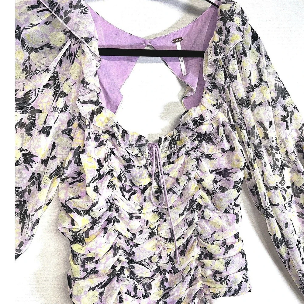 Free People Floral Ruched Puff Sleeve Crop Blouse Purple S